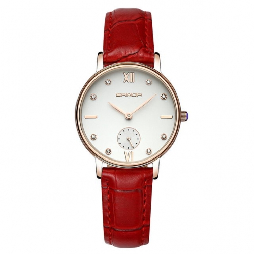 SANDA independent seconds pointer diamond inlaid simplicity dial leather strap quartz ladies watch