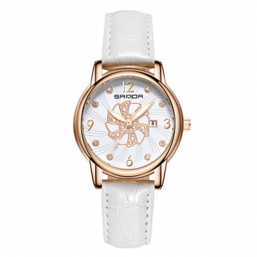 SANDA flower pattern diamond inlaid dial simplicity leather strap waterproof quartz ladies watch