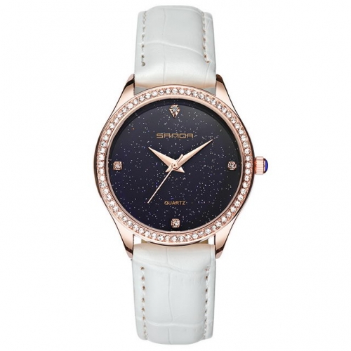 SANDA luxury diamond inlaid starry sky dial leather strap waterproof quartz ladies watch