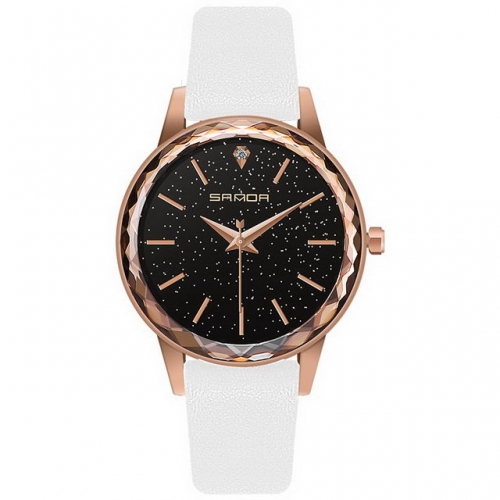 SANDA rose gold stereo starry sky simplicity dial leather strap waterproof quartz ladies watch