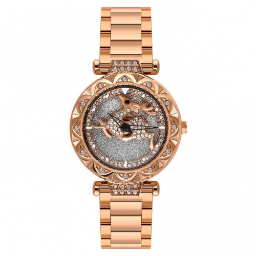 SANDA lucky deer pattern diamond inlaid rotatable dial steel band waterproof quartz ladies watch