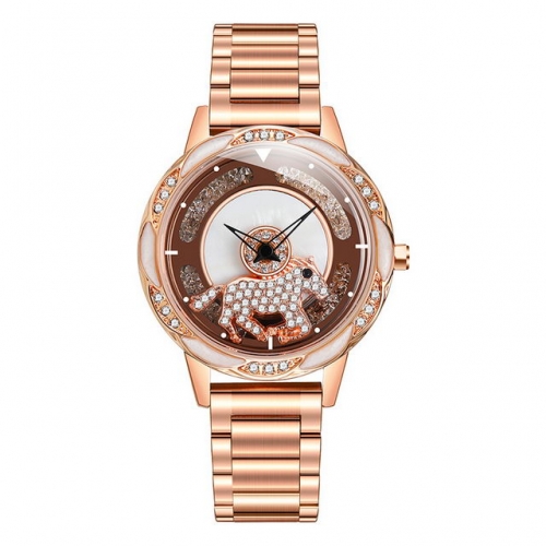 SANDA running horse pattern diamond inlaid rotatable dial steel band waterproof quartz ladies watch