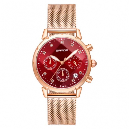 SANDA multifunction calendar display dial Milan net band waterproof quartz ladies watch