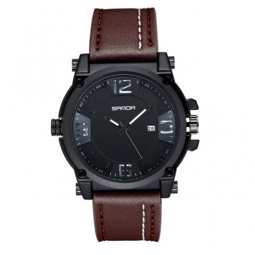 SANDA Korean style student's calendar display leather belt waterproof quartz men's watch