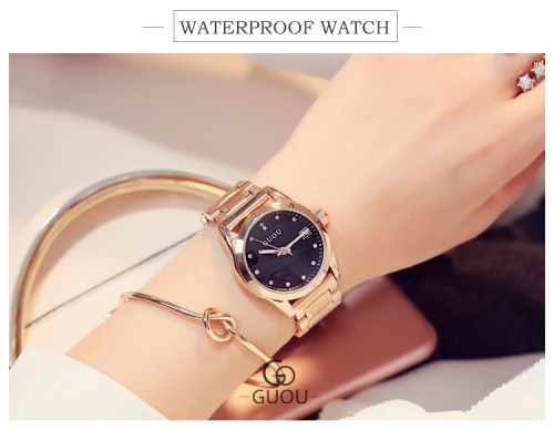 GUOU Steel band quartz calendar watch women's fashion joker diamond scale women's watch