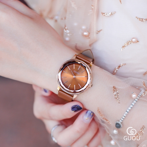 GUOU Leather strap stylish simple quartz watch for ladies