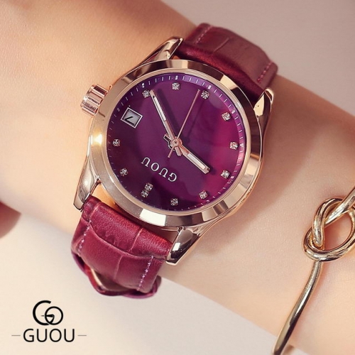 GUOU Simple Calendar Liguent Pointer Leather Watchband Fashion Temperament Ladies Watch