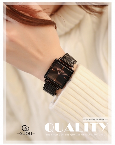 GUOU simple temperament fashion square black steel belt women watch waterproof quartz watch women