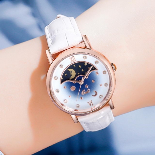 GEDI Moon Sun Phase Display Diamond Inlaid Leather Strap Simplicity Waterproof Quartz Ladies Watch