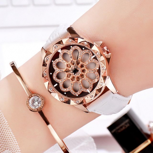 GEDI Leather Strap Hollowed Rotating Dial Diamond Inlaid Waterproof Quartz Ladies Watch