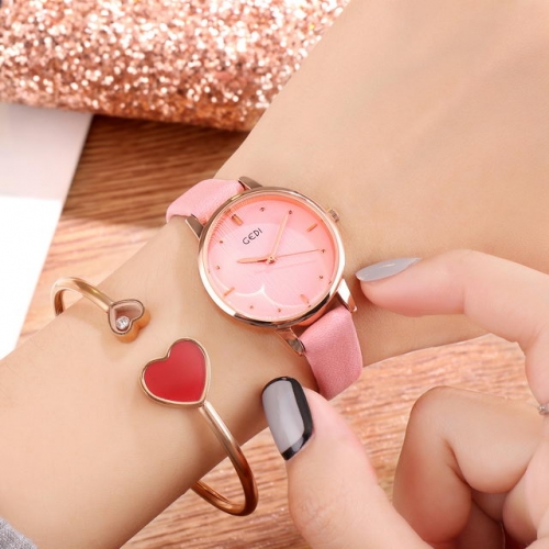 GEDI Simplicity Small Textured Dial Leather Strap Korean INS Style Waterproof Quartz Ladies Watch