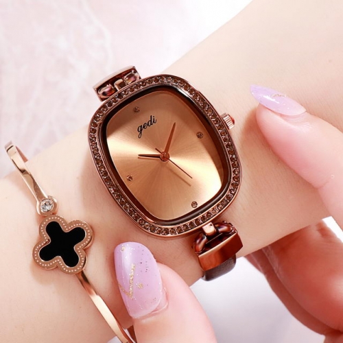 GEDI Hot Sale Diamond Square Dial Fashion Elegant Leather Strap Waterproof Quartz Ladies Watch