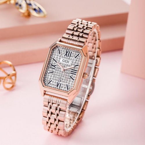 GEDI Diamond Inlaid Square Dial Korean Style Fashion Student's Waterproof Quartz Ladies Watch