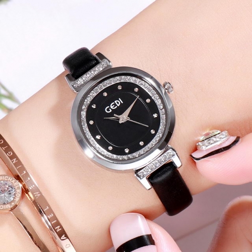 GEDI Simplicity Elegant Small Dial Diamond Inlaid Student's Waterproof Leather Strap Quartz Ladies Watch