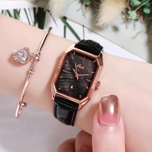 GEDI Leather Strap Calendar Display Korean Style Square Dial Fashion Waterproof Quartz Ladies Watch