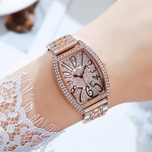 GEDI Luxury Elegant Diamond Inlaid Dial Retro Style Imported Movement Steel Band Quartz Ladies Watch