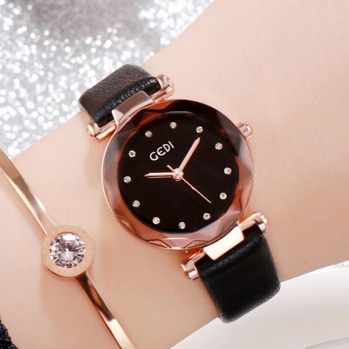 GEDI Fashion Light Luxury Diamond Scale Leather Belt Waterproof Quartz Ladies Watch