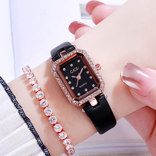 GEDI Light Luxury Diamond Inlaid Square Dial Retro Style Waterproof Quartz Ladies Watch