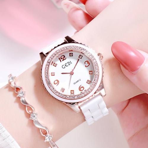 GEDI Ceramic Band Fashion Diamond Inlaid Dial Waterproof Quartz Ladies Watch