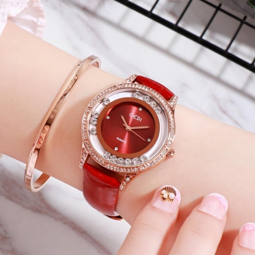 GEDI Hot Sale Movable Diamond Dial Leather Belt Elegant Waterproof Quartz Ladies Watch