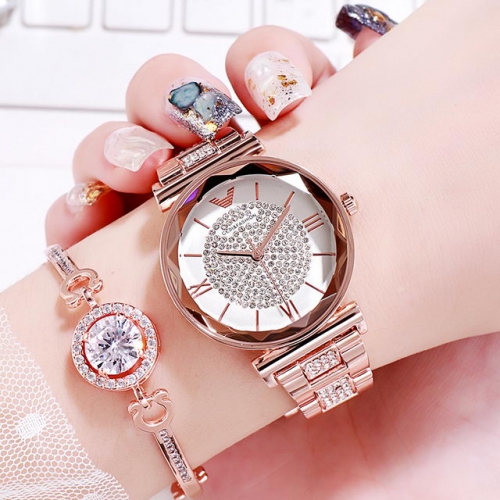 GEDI Roman Scale Elegant Diamond Inlaid Dial Fashion Steel Band Waterproof Quartz Ladies Watch