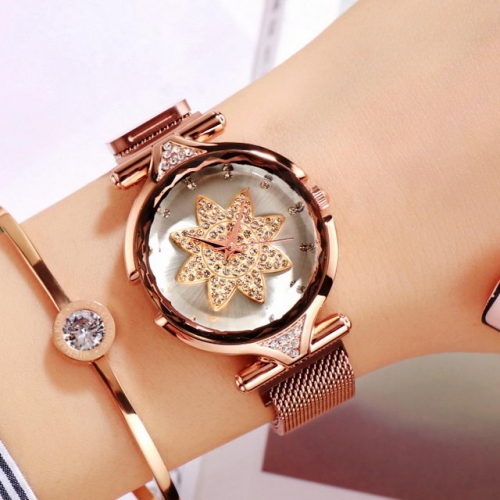 GEDI Diamond Inlaid Flower Pattern Dial Magnet Clasp Waterproof Quartz Ladies Watch