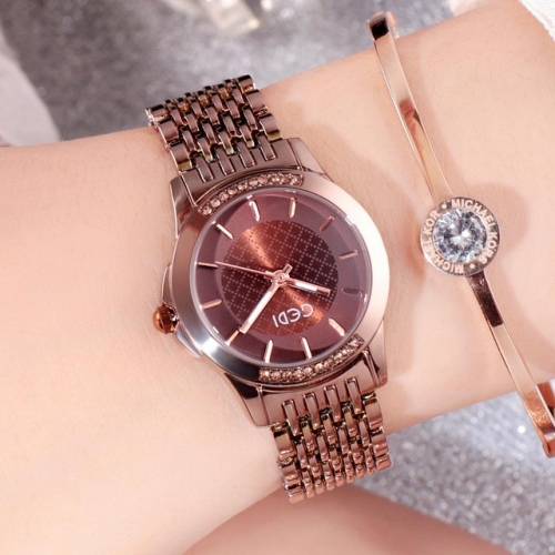 GEDI Diamond Inlaid Simplicity Plaid Dial High-grade Steel Band Waterproof Quartz Ladies Watch