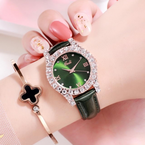 GEDI Fashion Versatile Roman Scale Leather Strap Shinning Diamond Inlaid Dial Quartz Ladies Watch