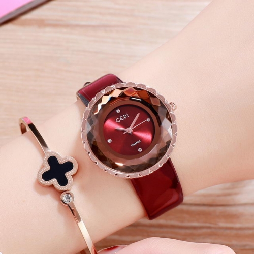 GEDI INS Style Retro Leather Strap Diamond Inlaid Flower Shape Dial Quartz Ladies Watch