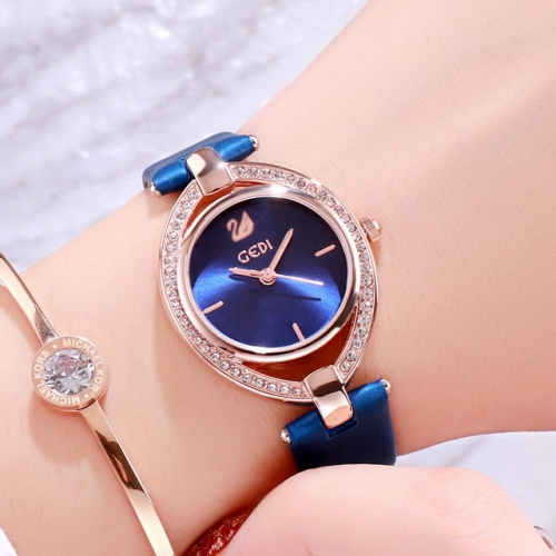 GEDI Light Luxury Eye Of Elegant Simplicity Diamond Inlaid Dial Leather Strap Quartz Ladies Watch