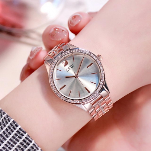 GEDI Hot Sale Elegant Simplicity Diamond Inlaid Dial Steel Band Waterproof Quartz Ladies Watch