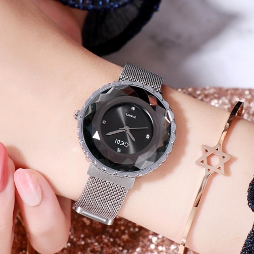 GEDI Retro Magnet Clasp Mesh Band Diamond Inlaid Flower Shape Dial Quartz Ladies Watch