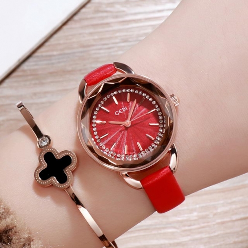 GEDI Diamond Inlaid Simplicity Dial Light Luxury Leather Strap Waterproof Quartz Ladies Watch