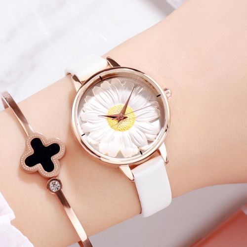 GEDI Fashion Stereo Flower Pattern Dial Korean Style Leather Strap Waterproof Quartz Ladies Watch