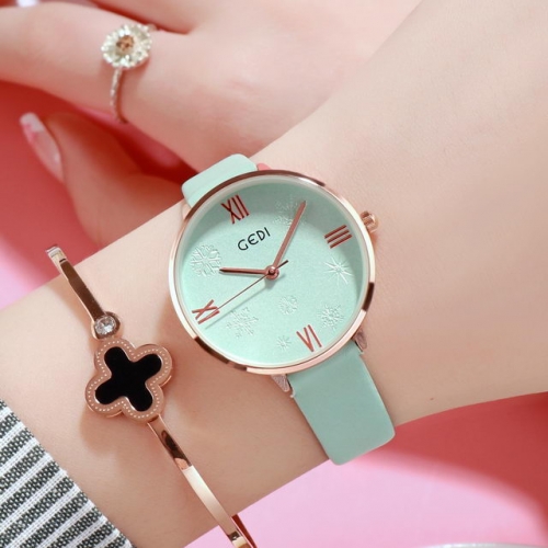 GEDI Snowflake Pattern Exquisite Dial Roman Scale Leather Strap Waterproof Quartz Ladies Watch