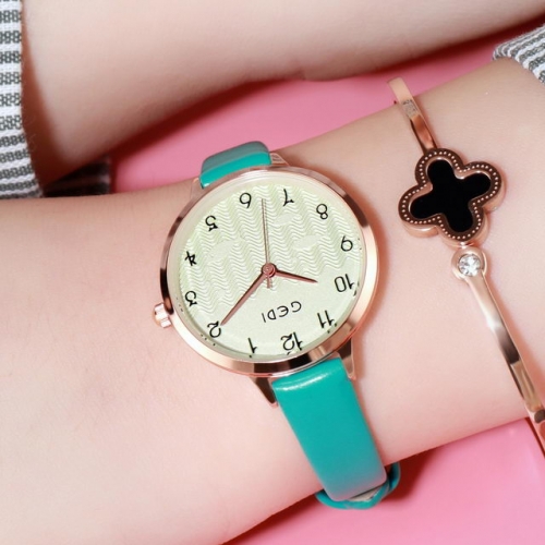 GEDI Student's Simplicity Textured Dial Leather Strap Waterproof Quartz Ladies Watch