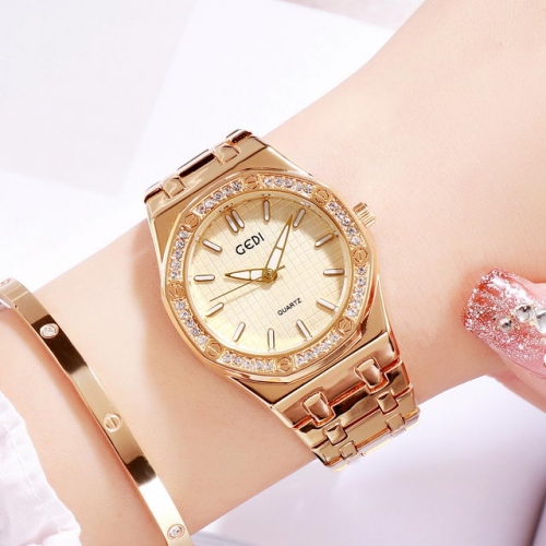 GEDI Luxury Textured Diamond Inlaid Dial Steel Band Luminous Waterproof Quartz Ladies Watch