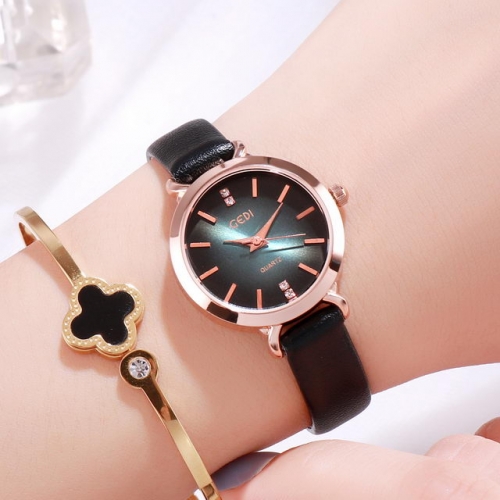 GEDI Simplicity Diamond Inlaid Gradual Color Dial Fashion Leather Strap Waterproof Quartz Ladies Watch