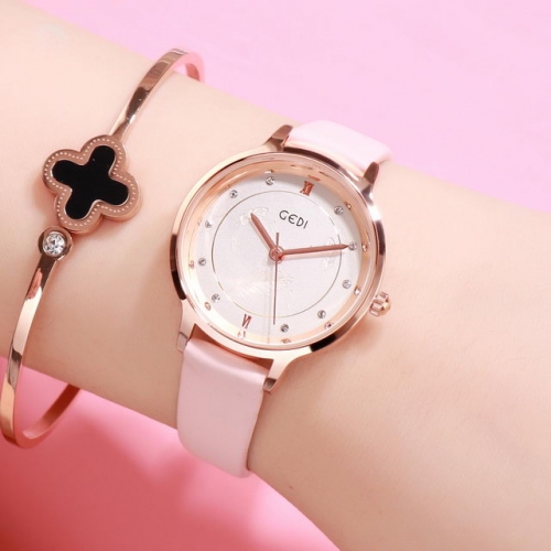 GEDI Elegant Simplicity Diamond Inlaid Dial Leisure Leather Strap Waterproof Quartz Ladies Watch