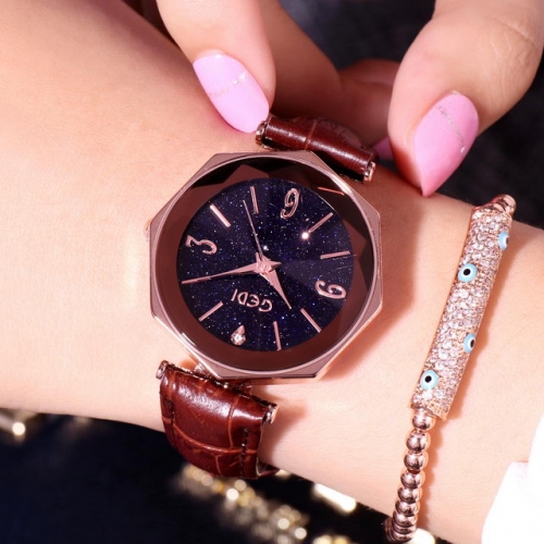 GEDI Diamond Inlaid Leather Strap Waterproof Irregular Starry Sky Dial Digital Scale Quartz Ladies Watch