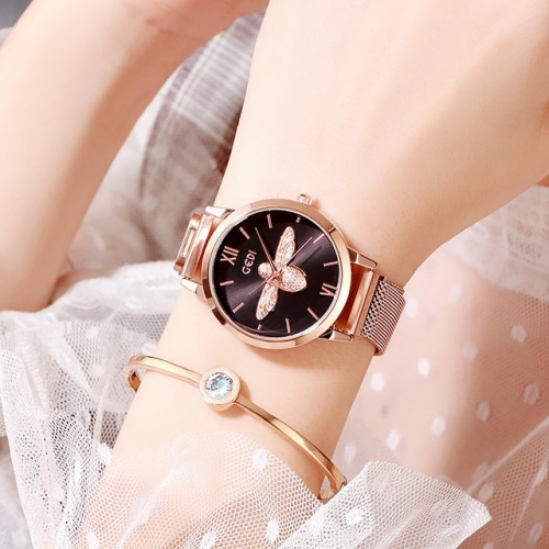 GEDI Stereo Bee Pattern Dial Roman Scale Hot Sale Steel Band Waterproof Quartz Ladies Watch