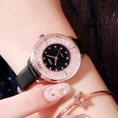 GEDI Luxury Celebrity Style Diamond Inlaid Dial High-grade Leather Strap Quartz Ladies Watch