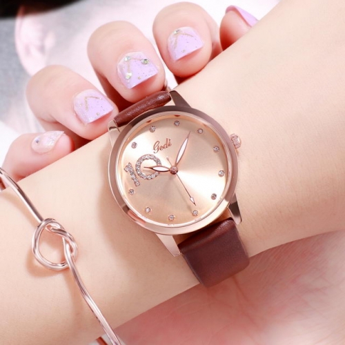 GEDI Korean Style Versatile Simplicity Diamond Inlaid Leather Strap Waterproof Quartz Ladies Watch