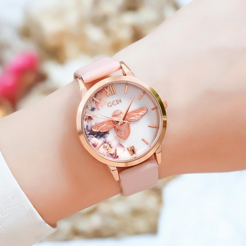 GEDI Korean Style Leather Strap Stereo Bee Romantic Flower Pattern Dial Quartz Ladies Watch