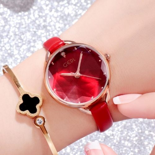 GEDI Ice-effect Cutting Mirror Diamond Inlaid Dial Elegant Leather Strap Waterproof Quartz Ladies Watch