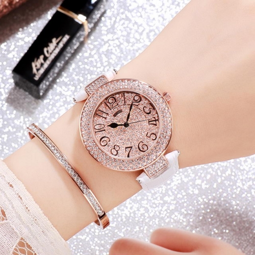 GEDI Luxury Diamond Inlaid Big Dial Exquisite Leather Strap Waterproof Quartz Ladies Watch