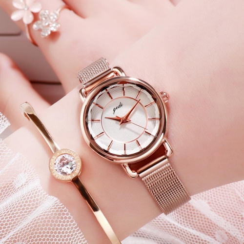 GEDI Diamond Cutting Mirror Simplicity Dial Versatile Steel Mesh Band Waterproof Quartz Ladies Watch