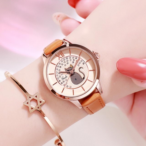 GEDI Lovely Cat Pattern Diamond Inlaid Dial Versatile Leather Strap Waterproof Quartz Ladies Watch