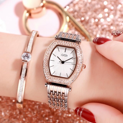 GEDI Classical Tonneau Dial Diamond Inlaid Case Elegant Steel Band Waterproof Quartz Ladies Watch