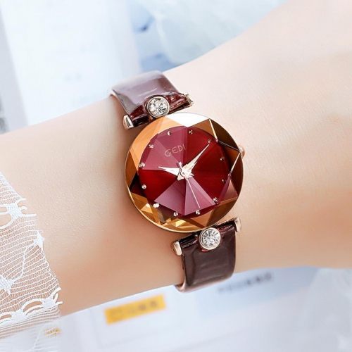 GEDI Light Luxury Diamond Inlaid Dial Fashion Exquisite Leather Strap Waterproof Quartz Ladies Watch